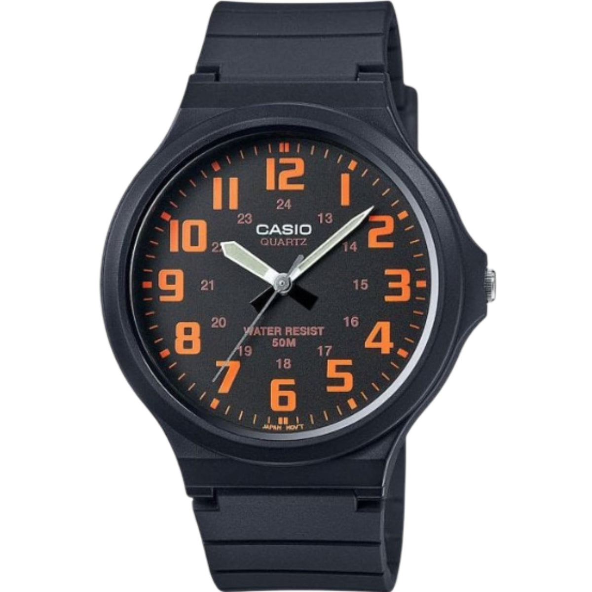 Men's Casio quartz watch, black dial with orange numbers and black resin strap