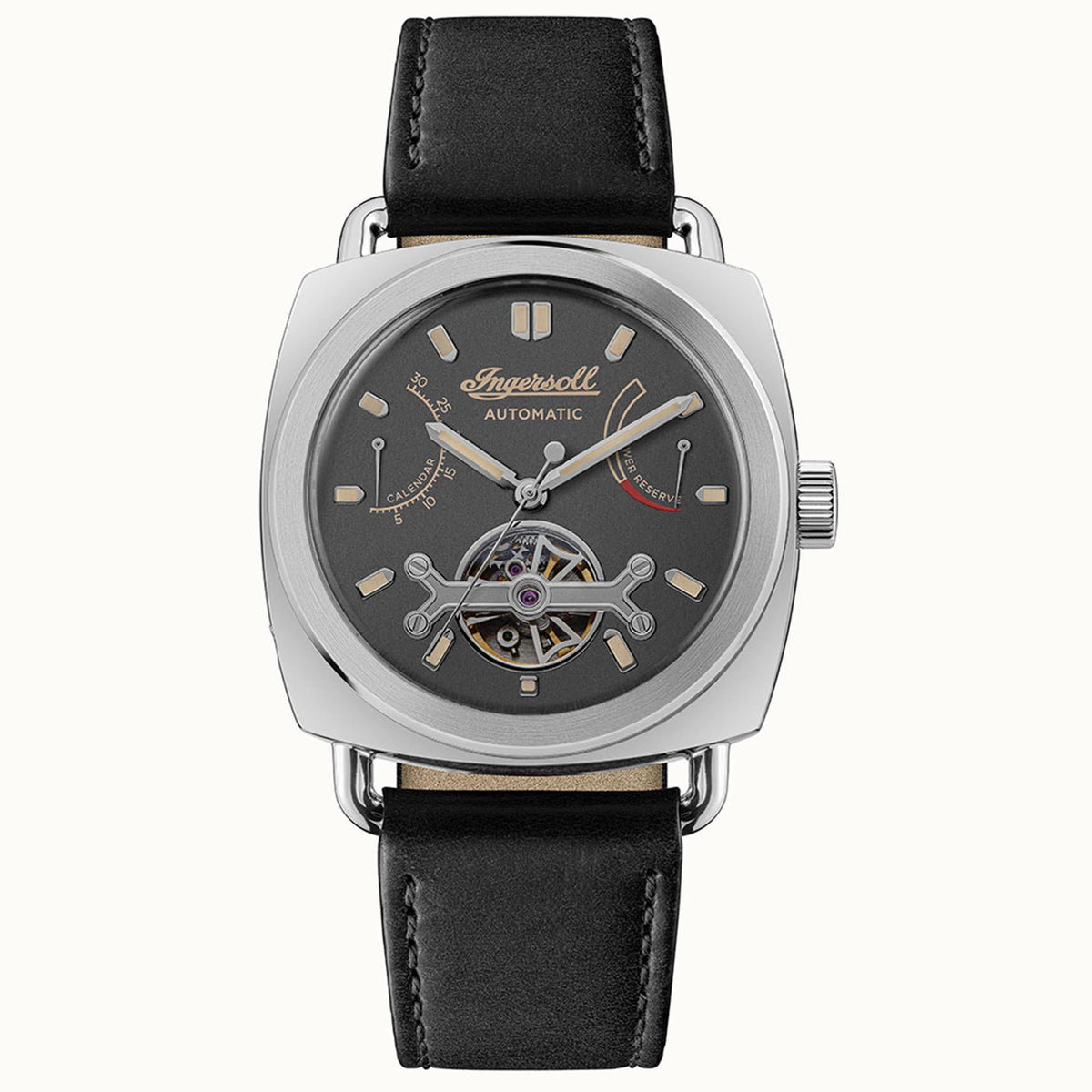 Round automatic watch with grey dial, black leather strap, and polished metal bezel