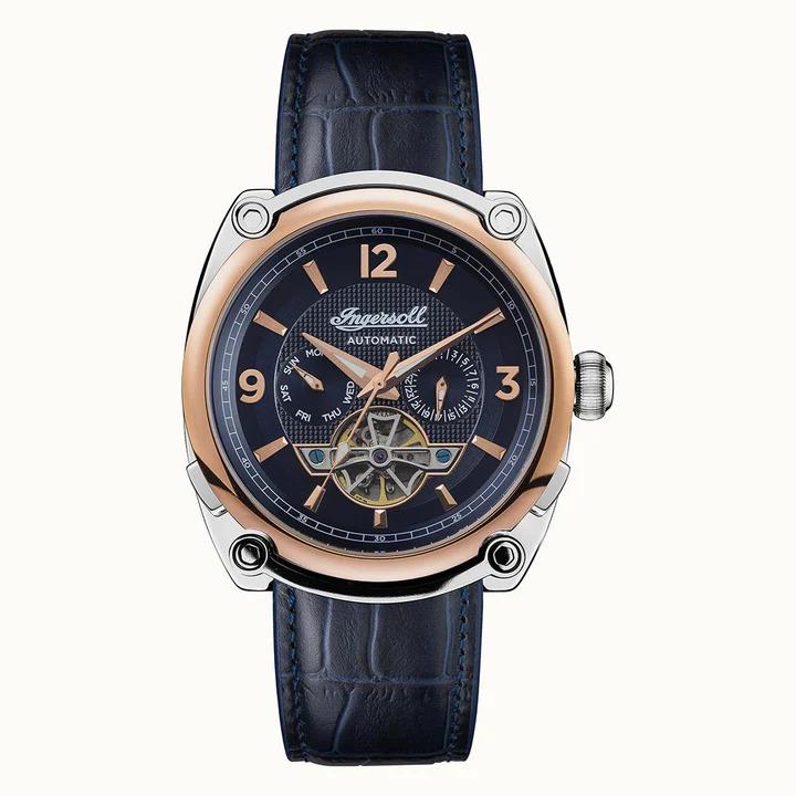 Front view of men's automatic watch with dark blue leather strap and rose-gold blue dial