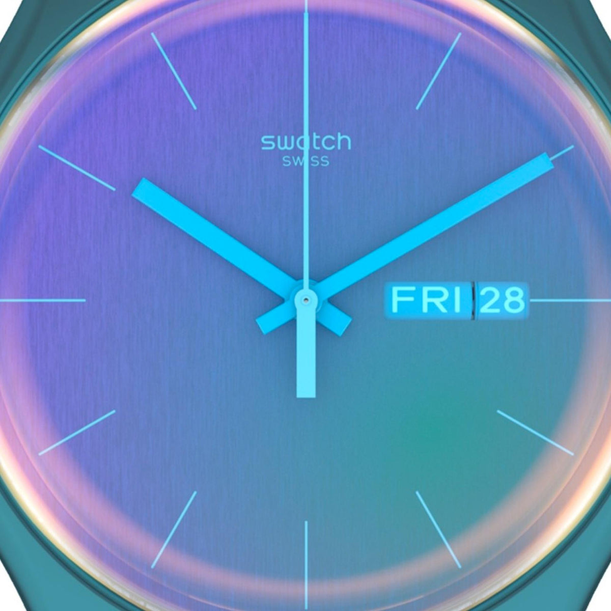 Ladies quartz watch dial close-up with turquoise hands and blue-purple iridescent ring