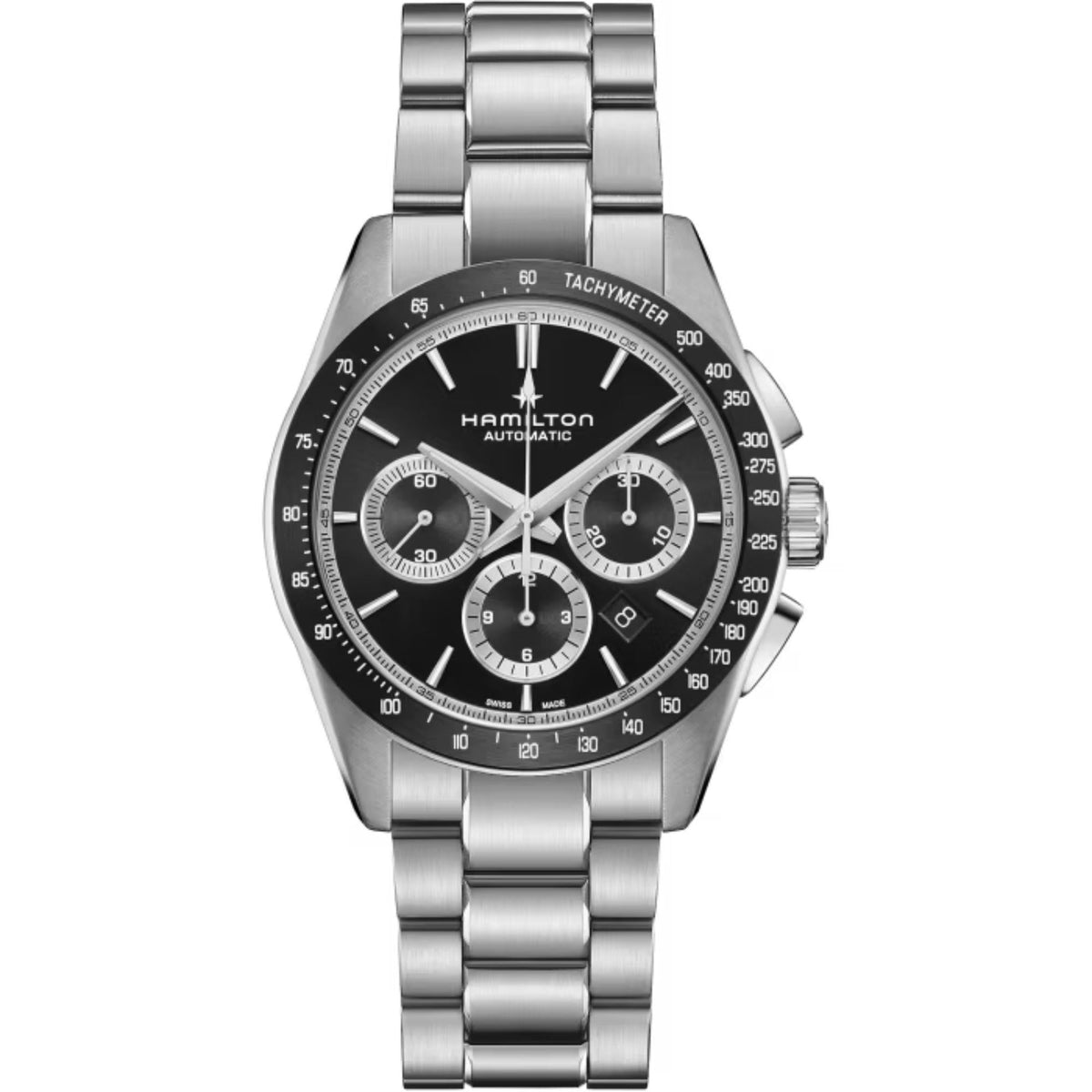 Men's automatic chronograph watch front view; black dial with subdials, steel case.
