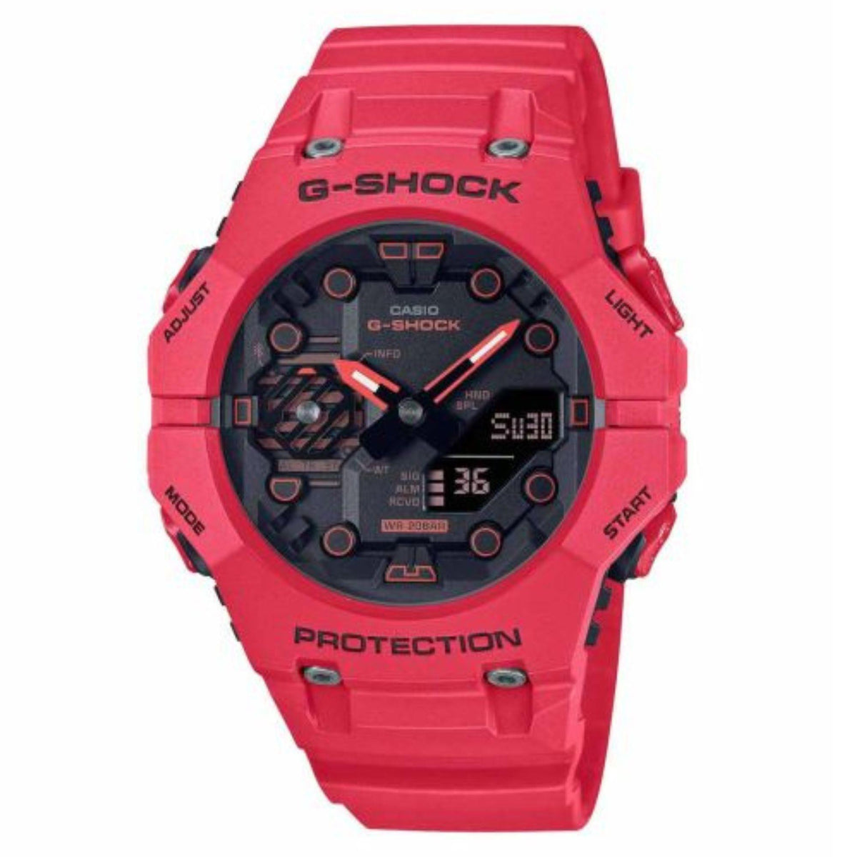 Red G-Shock wristwatch front view, black dial with red hands and digital time
