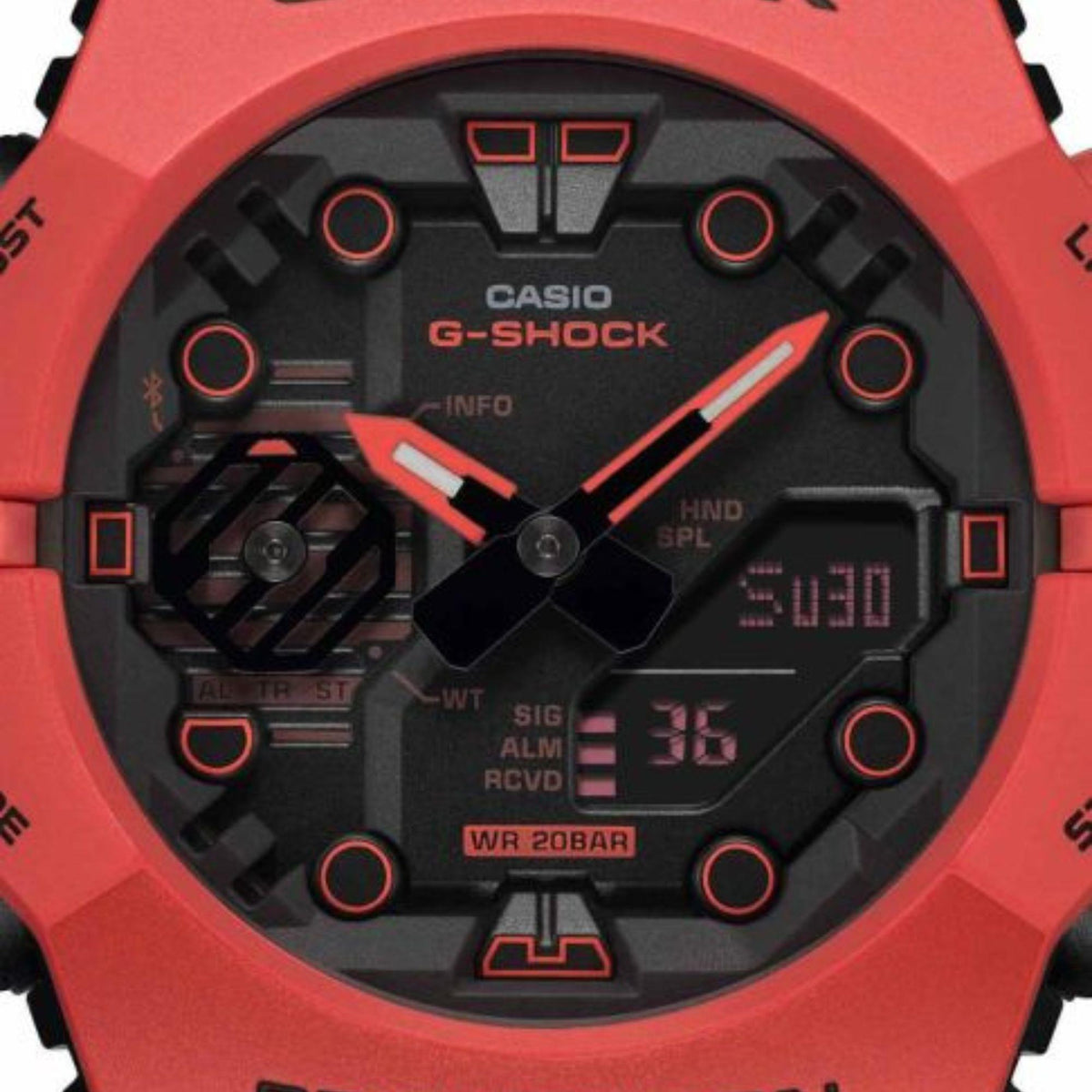 Red Casio G-Shock wristwatch with black dial and red accent hands