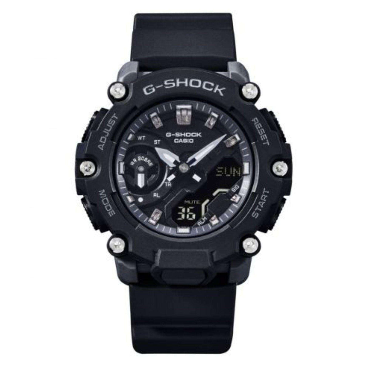 G-Shock men's watch with black dial, black rubber strap, rugged round case with silver bolts