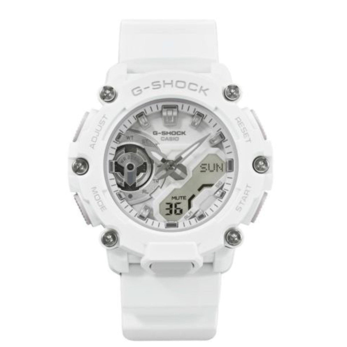 Men's white G-Shock style watch with white dial featuring subdials and day/date