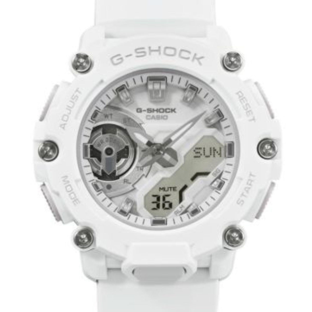 Men's white digital sports watch with white dial, visible indices, and subdial layout