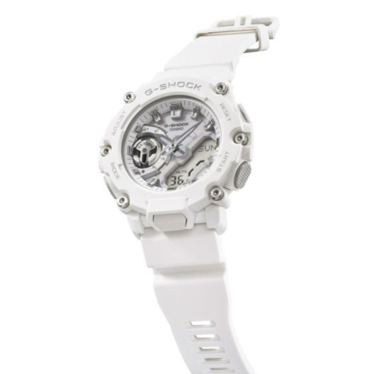 Men's white rubber strap wristwatch with round white case and detailed dial display