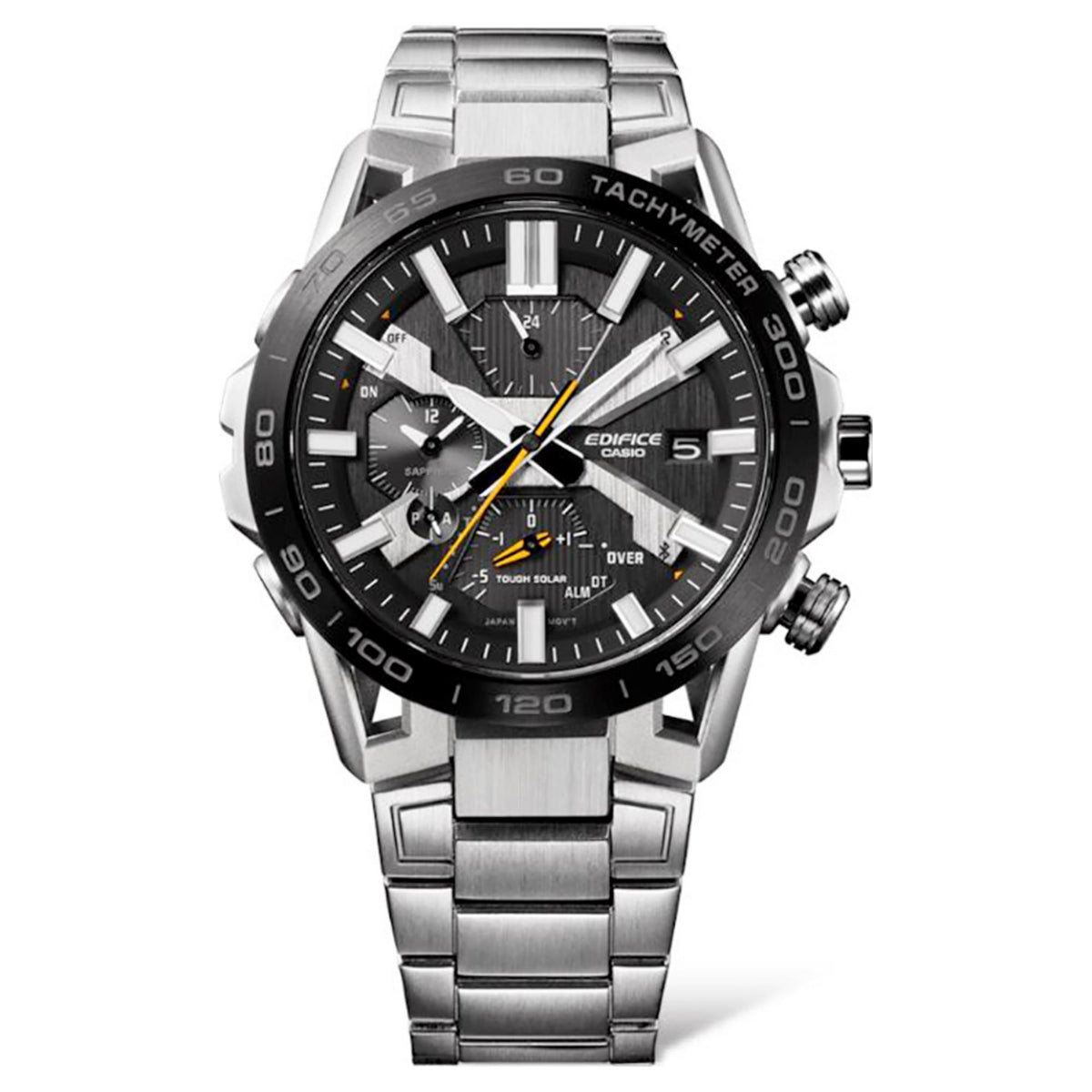 Men's steel chronograph watch front view with black dial, tachymeter ring and subdials