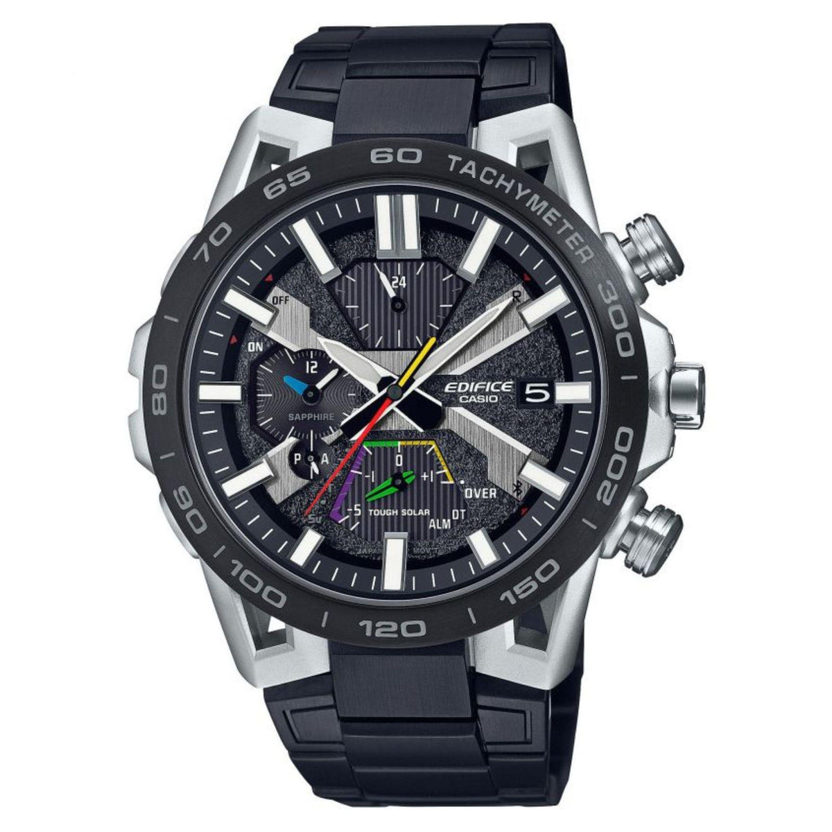 Men's solar Bluetooth chronograph watch, dark grey dial, black bezel with tachymeter scale, black strap