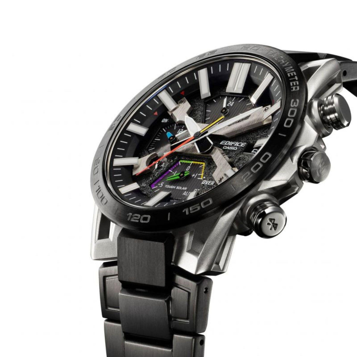 Men's chronograph watch side angle with dark grey dial, silver case, twin pushers, black bracelet