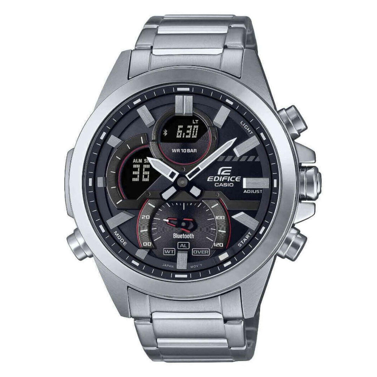 Men's analog-digital watch with black dial and steel link bracelet