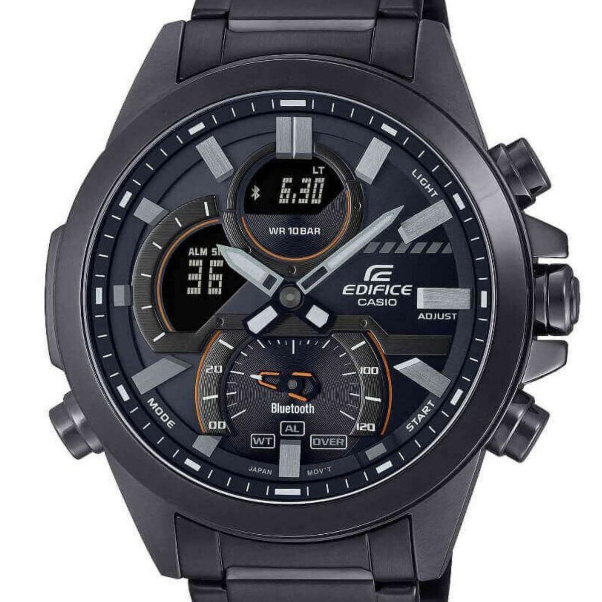 Men's Casio Edifice Bluetooth watch with dark dial, digital display, and subdial