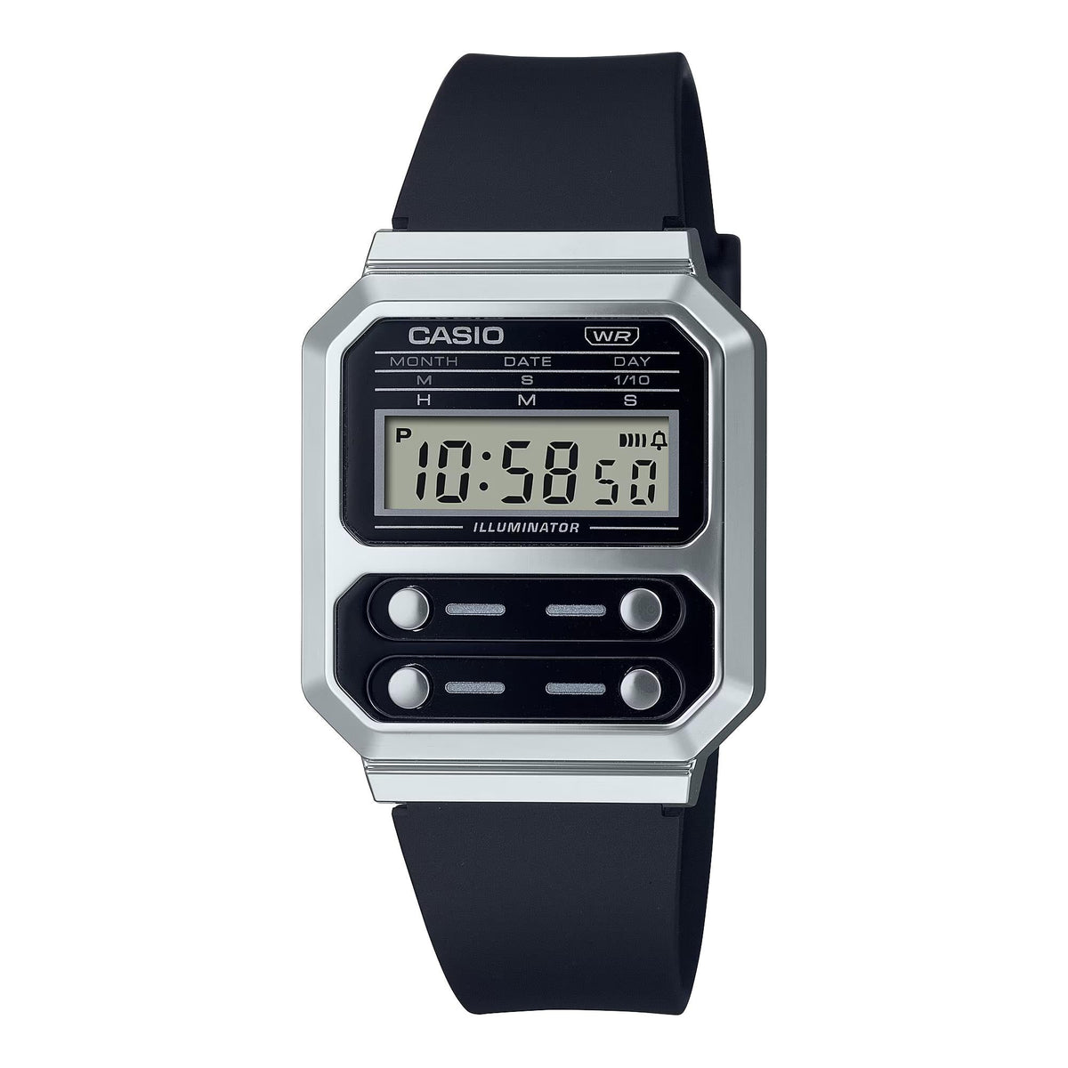 Casio vintage digital watch with black resin strap and silver case, LCD display and buttons