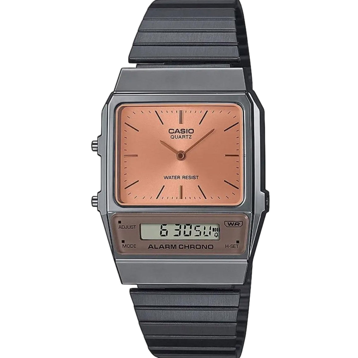 Square quartz watch with amber orange dial and black link strap