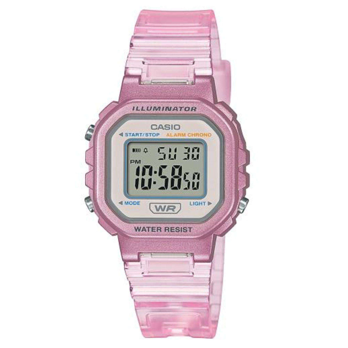 Pink Casio digital watch face with LCD time, Water Resist, resin bracelet and side buttons