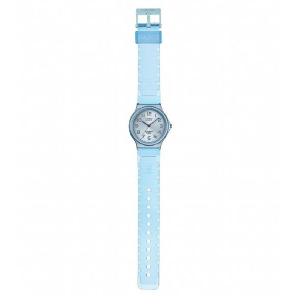 Blue resin strap wristwatch with round gray case, side view with clasp at top