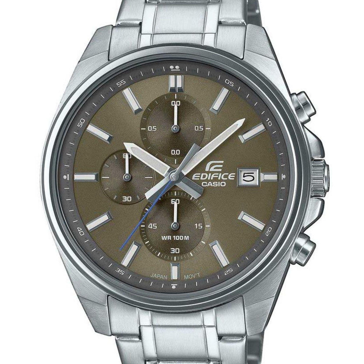 Mens wristwatch featuring olive bronze dial, silver steel bracelet, three subdials, date at 3