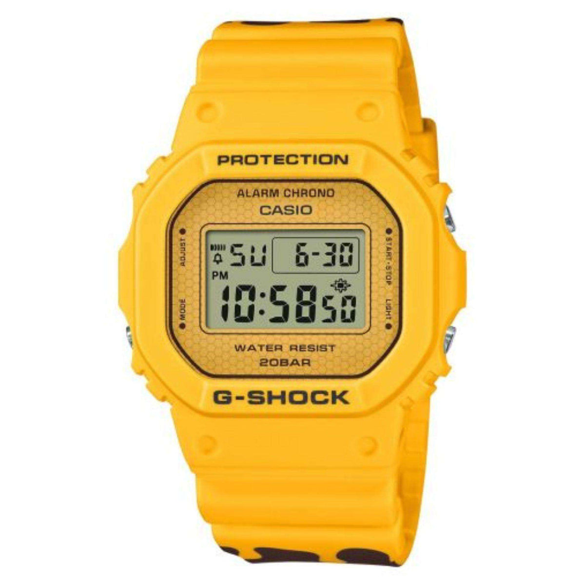 Digital G-Shock watch front view with yellow rubber strap and LCD face, alarm chrono, 200m