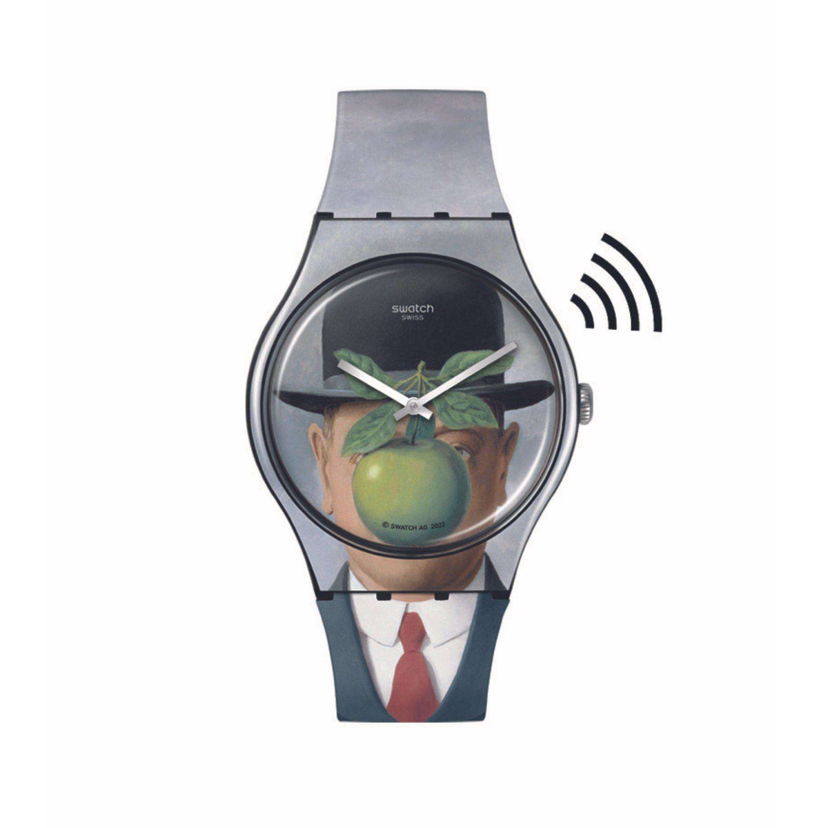 Gray silicone strap watch with round graphic dial and signal icon on side