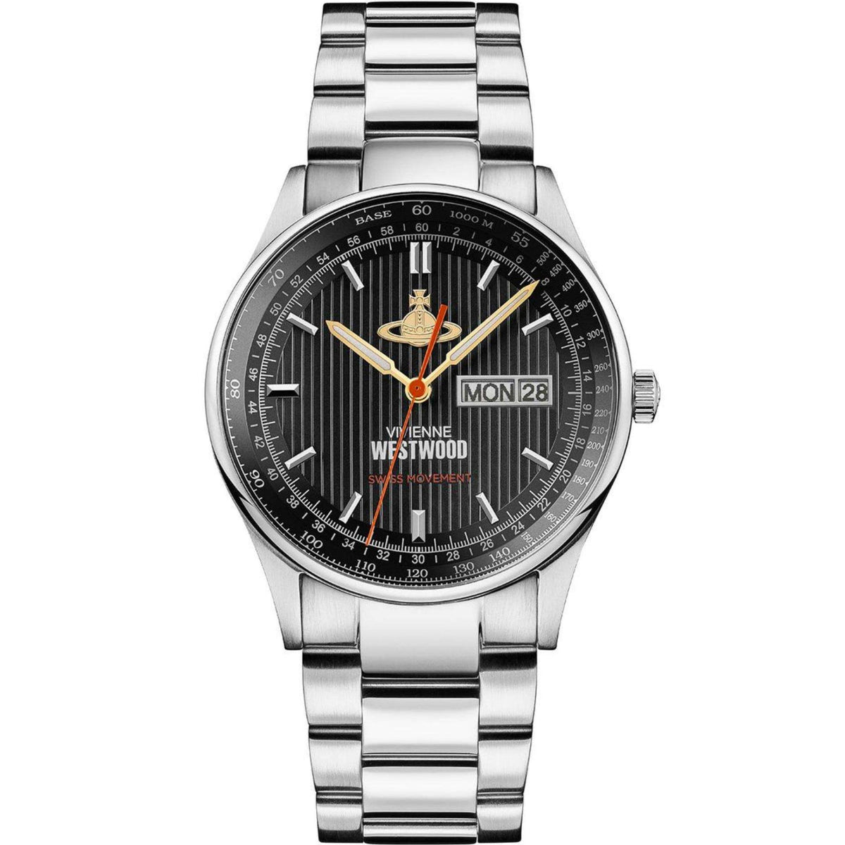 Stainless steel men's watch with black dial, gold center hands, and MON 28 date
