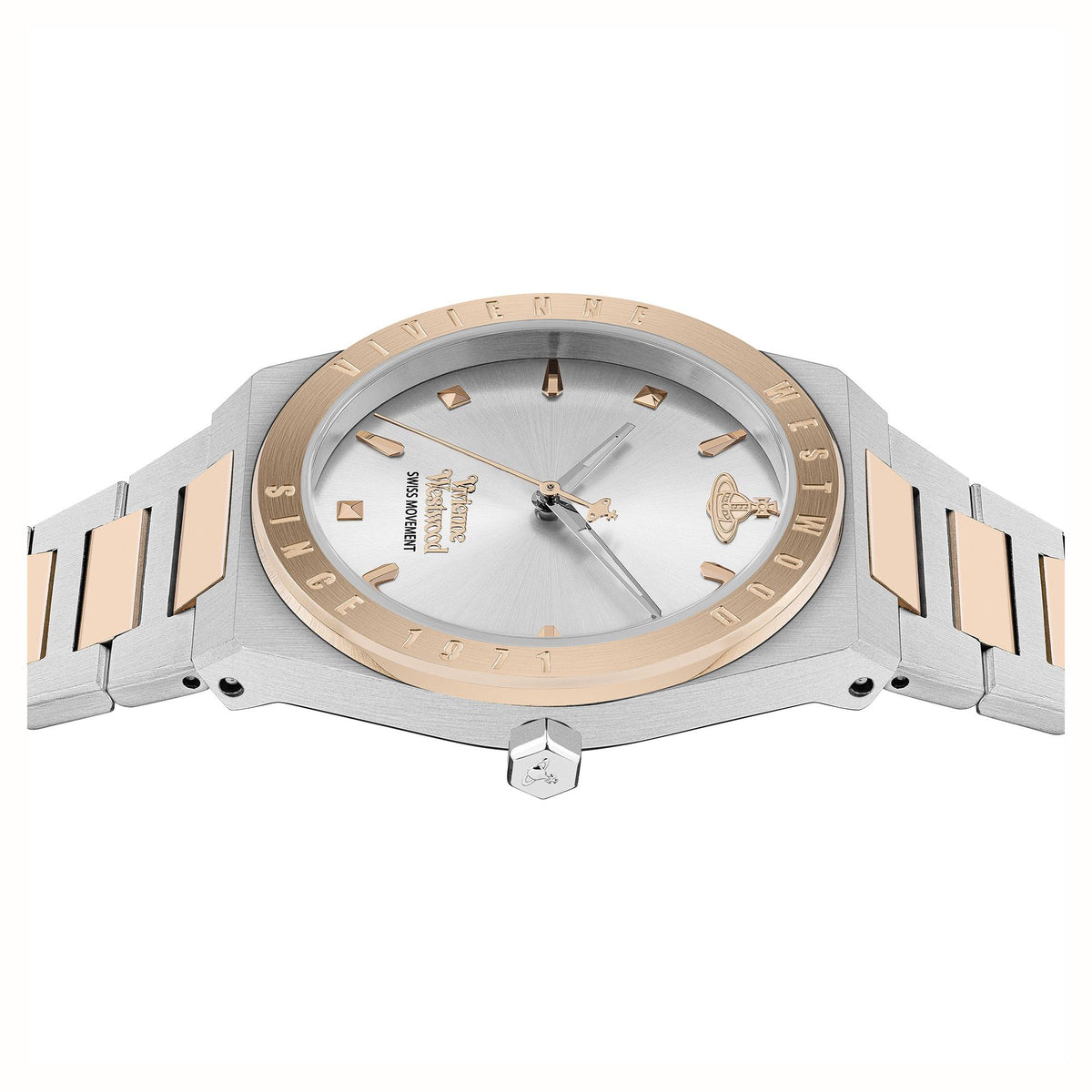 Two-tone stainless steel watch with rose-gold bezel and bracelet, angled dial view