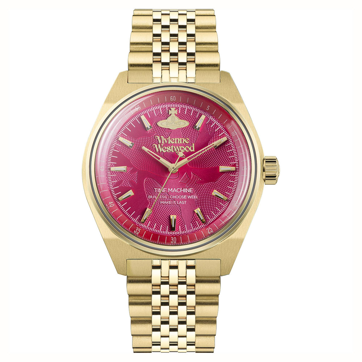 Gold-tone stainless steel wristwatch with bright pink dial, gold hands, metal bracelet