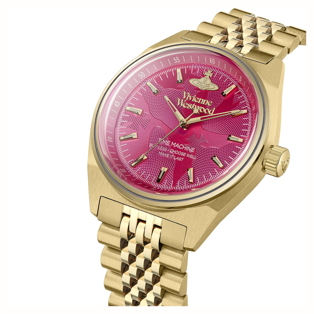 Gold-tone stainless steel watch with pink dial, round case and side crown, metal links