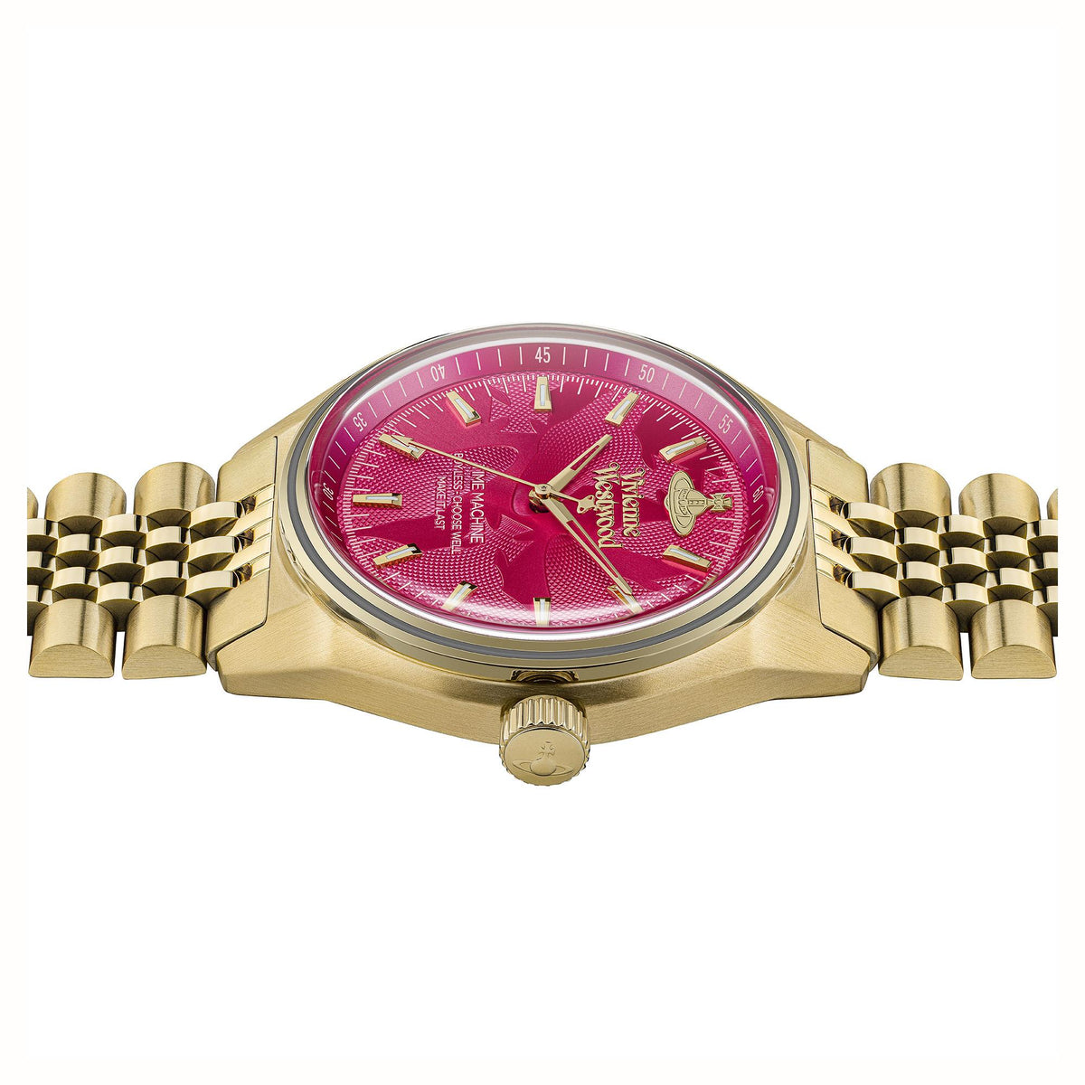 Gold-tone stainless steel wristwatch with pink dial and gold link bracelet