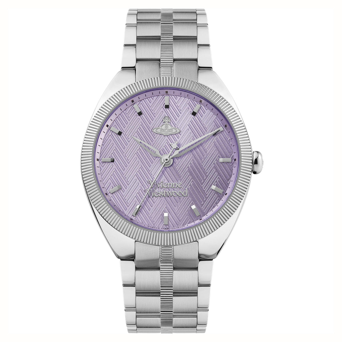 Purple dial stainless steel bracelet ladies watch, front view with minute markers