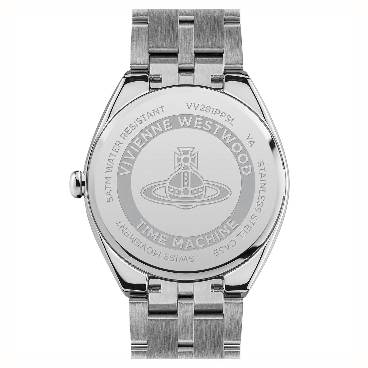 Stainless steel watch case back with engraved logo and text, metal bracelet links