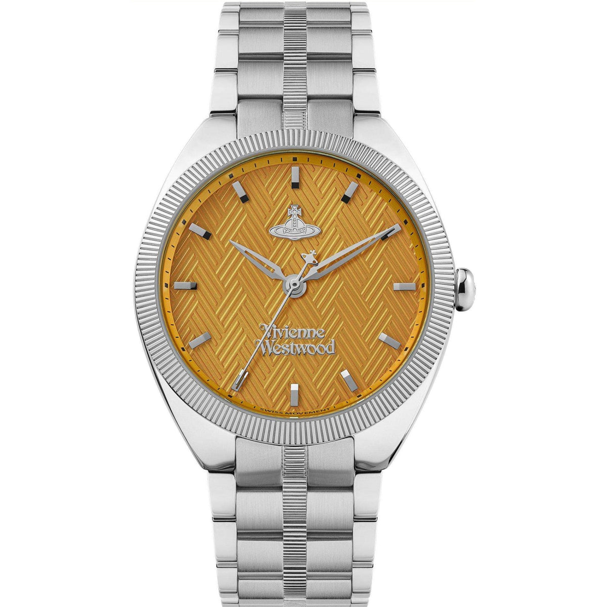 Vivienne Westwood stainless steel bracelet watch with orange dial and ridged outer bezel
