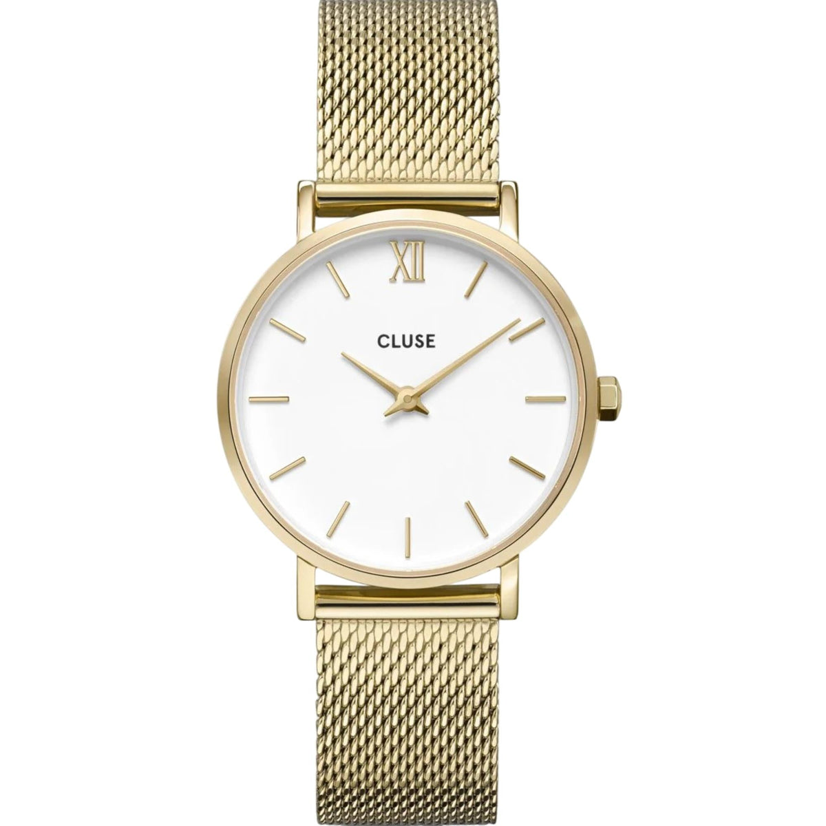 Centered view of gold-tone women’s quartz watch with white dial, gold hour markers, mesh strap