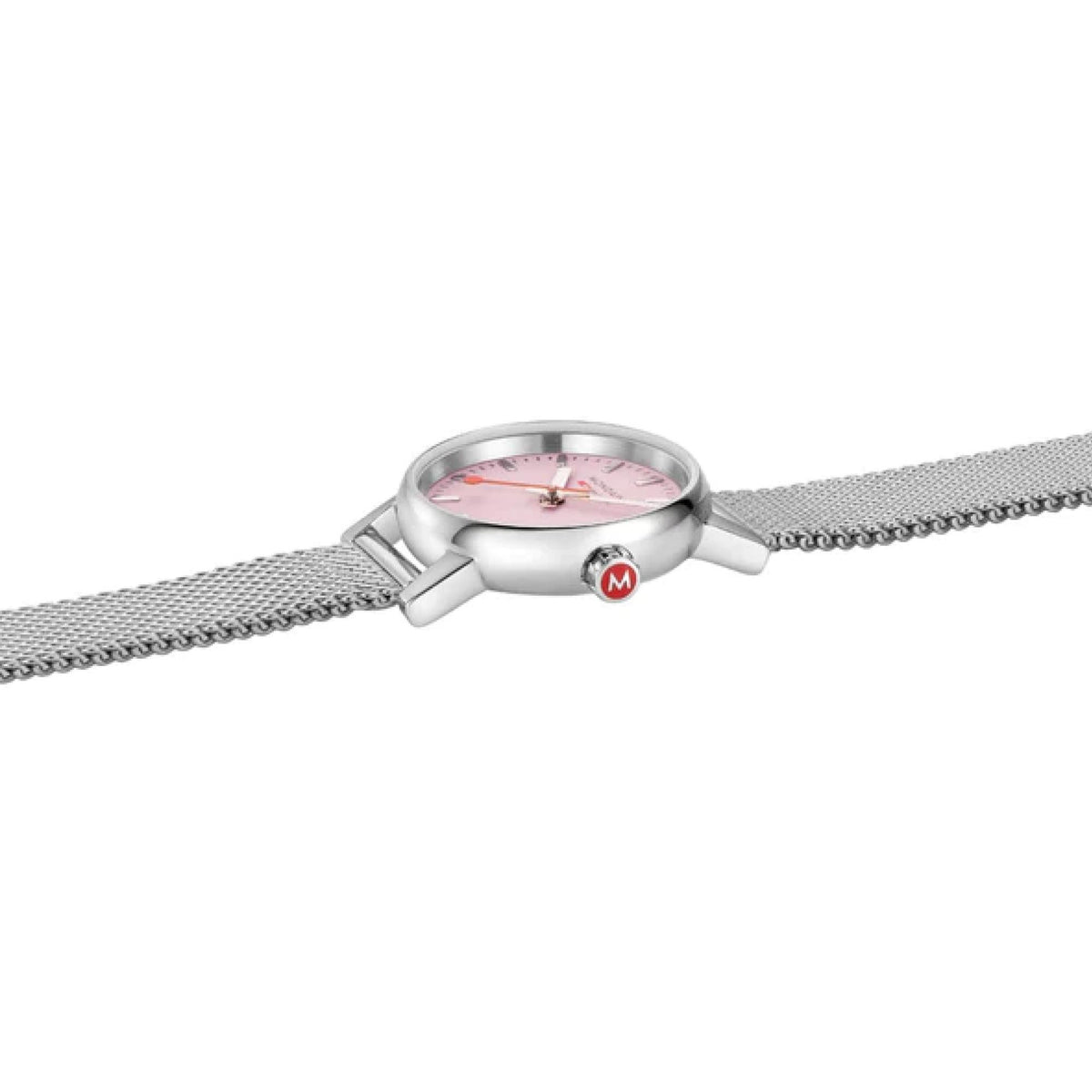 Women's steel mesh watch with pink dial, crown and case side detail visible