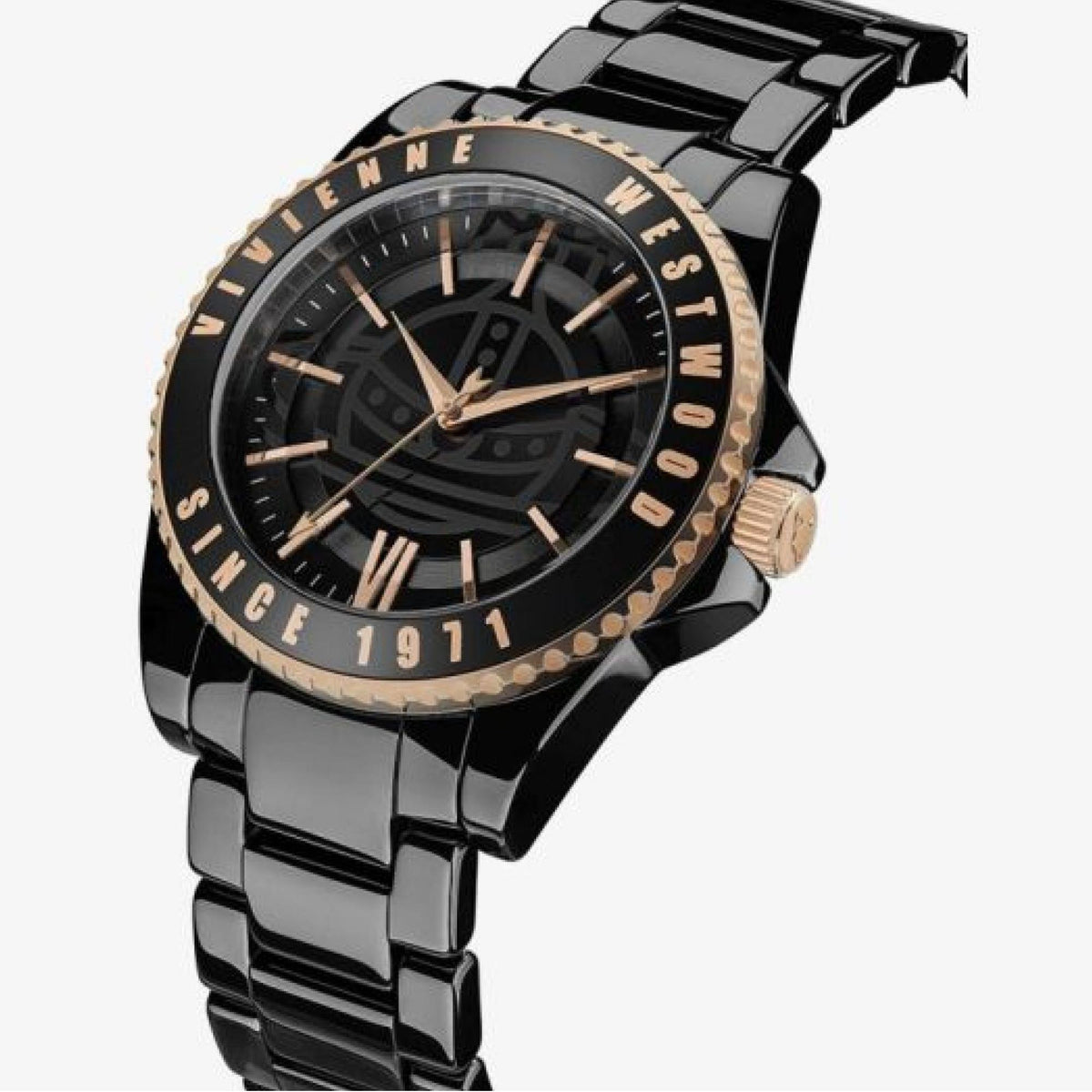 Ladies quartz watch angled view with black dial, rose-gold accents, and black bracelet