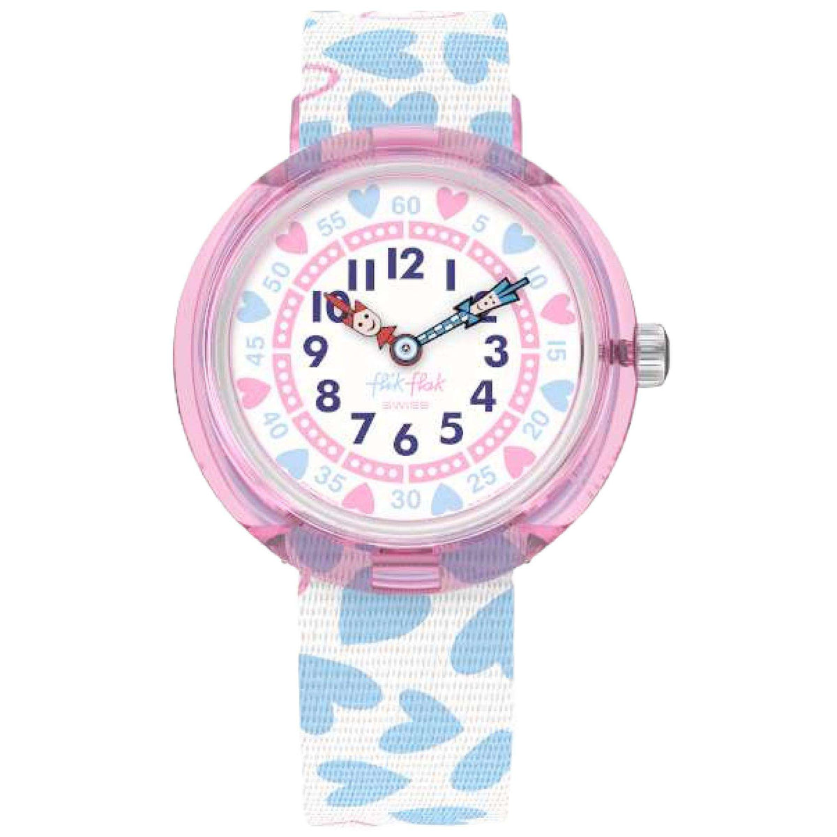 Round kids analog watch with pink rim, white band with blue heart print