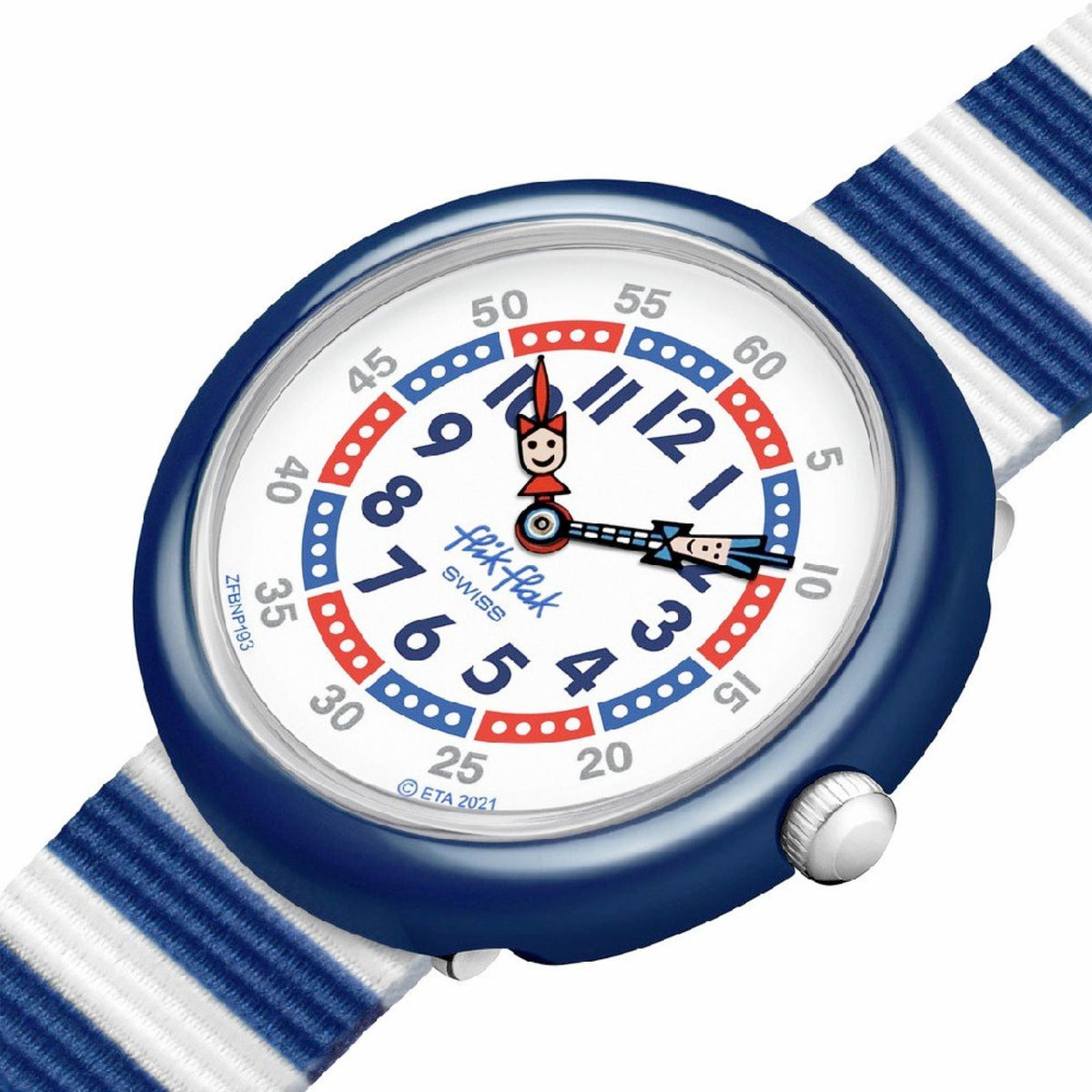 Close-up kids watch face with blue bezel, white dial, red-blue ring and ridged crown