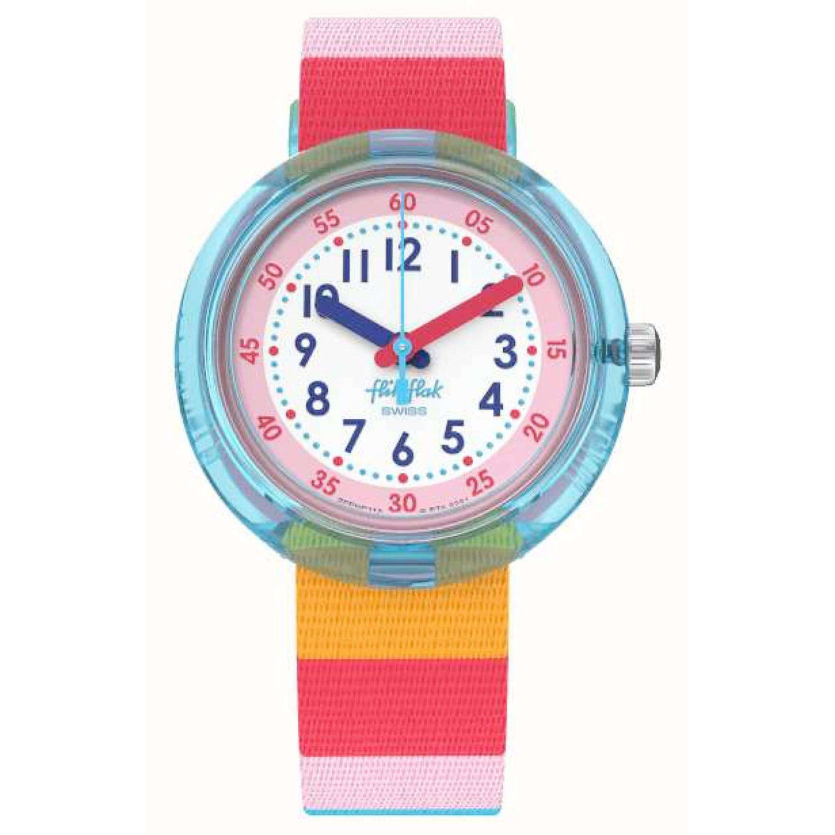 Kids watch with pink strap and multicolor stripes; round blue bezel and pink hands