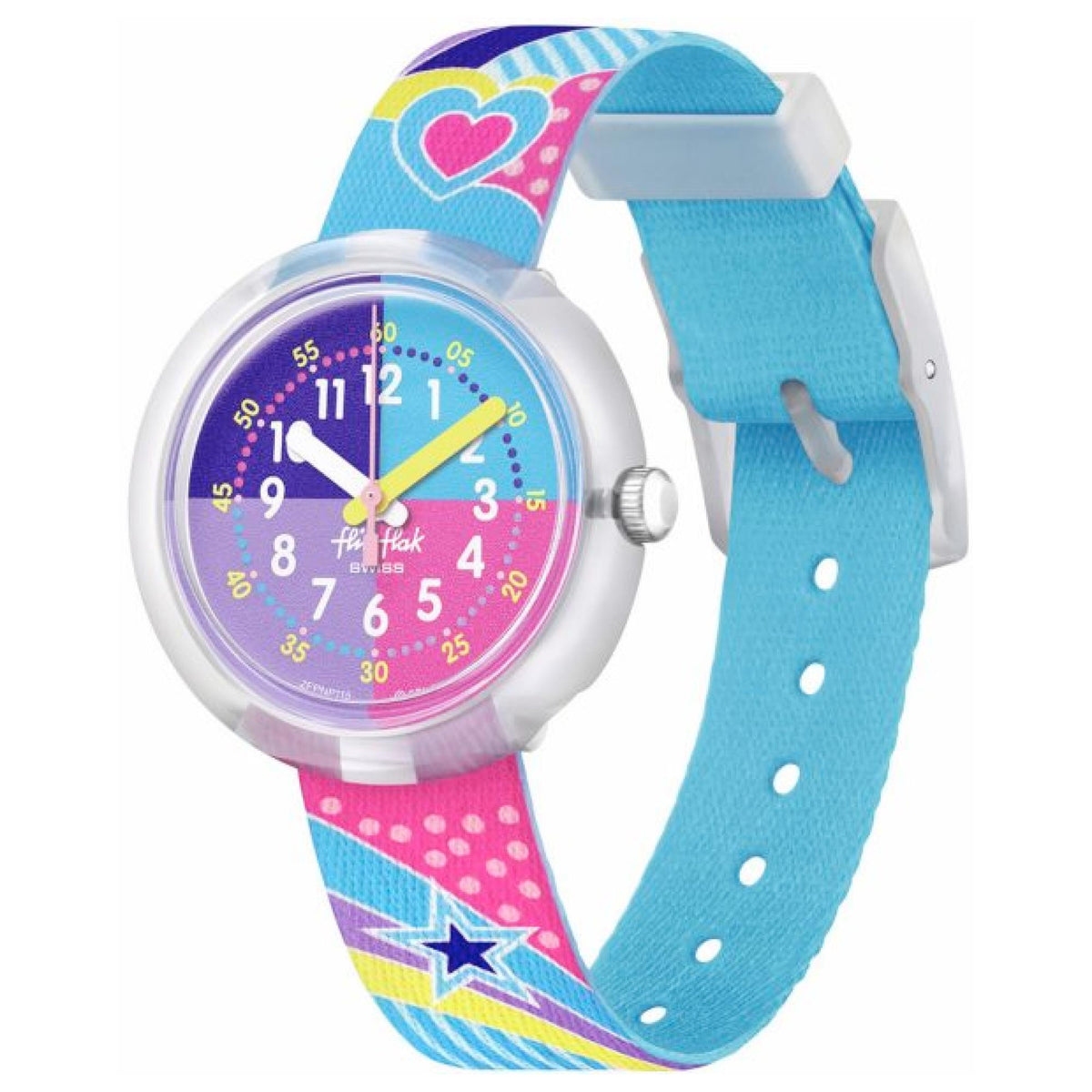 Kids round watch with rainbow dial and light blue top strap plus pink base