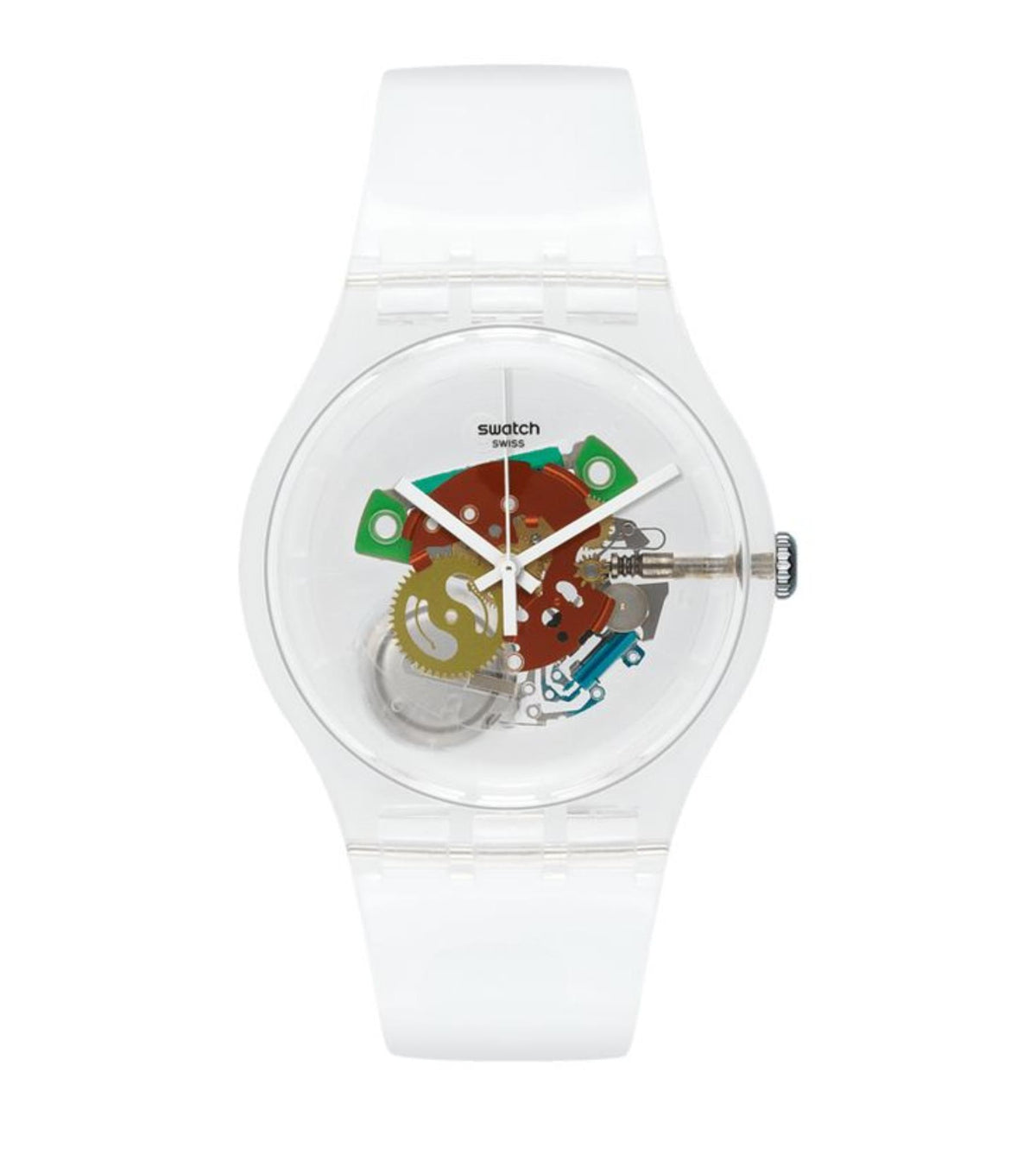 Swatch Gent watch featuring a multicolor skeleton dial and white strap with side crown