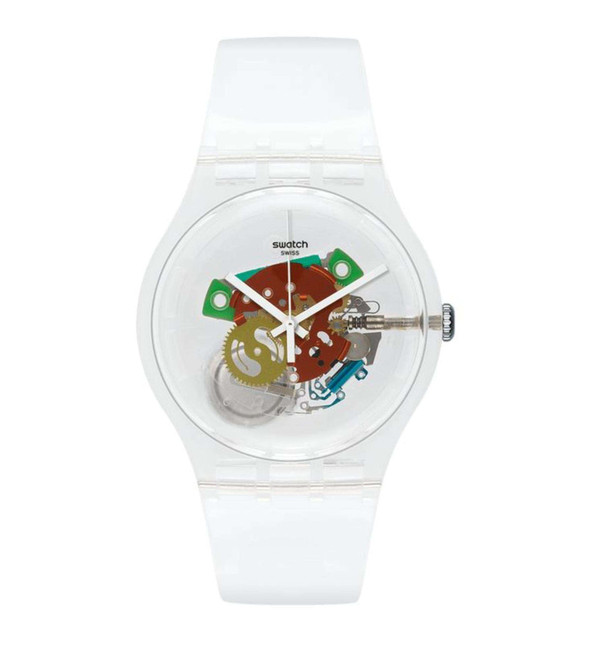 Swatch Gent watch with transparent case, multicolor inner details on white silicone strap