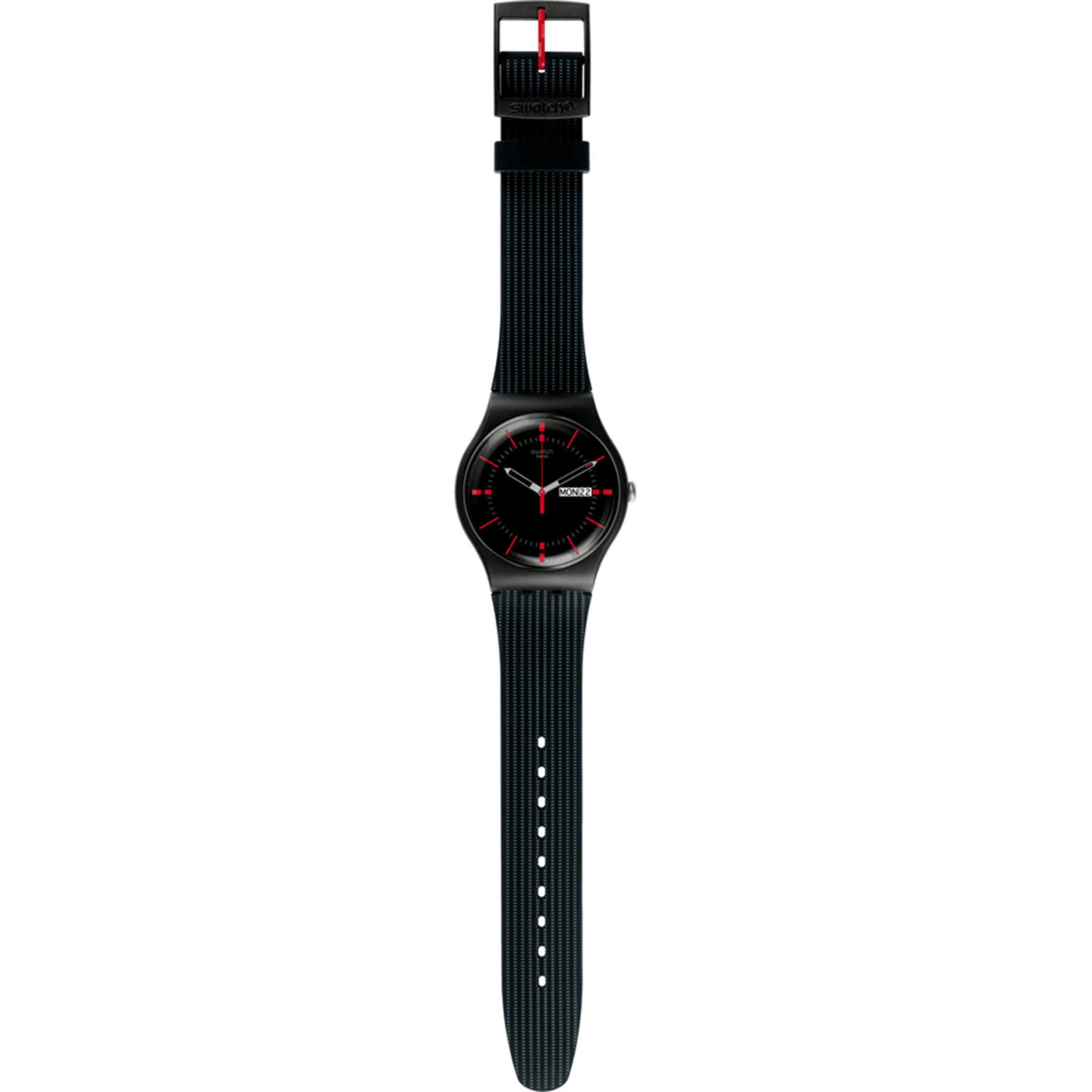 Swatch GAET AGAIN men's wrist watch side angle showing black strap and slim black bezel