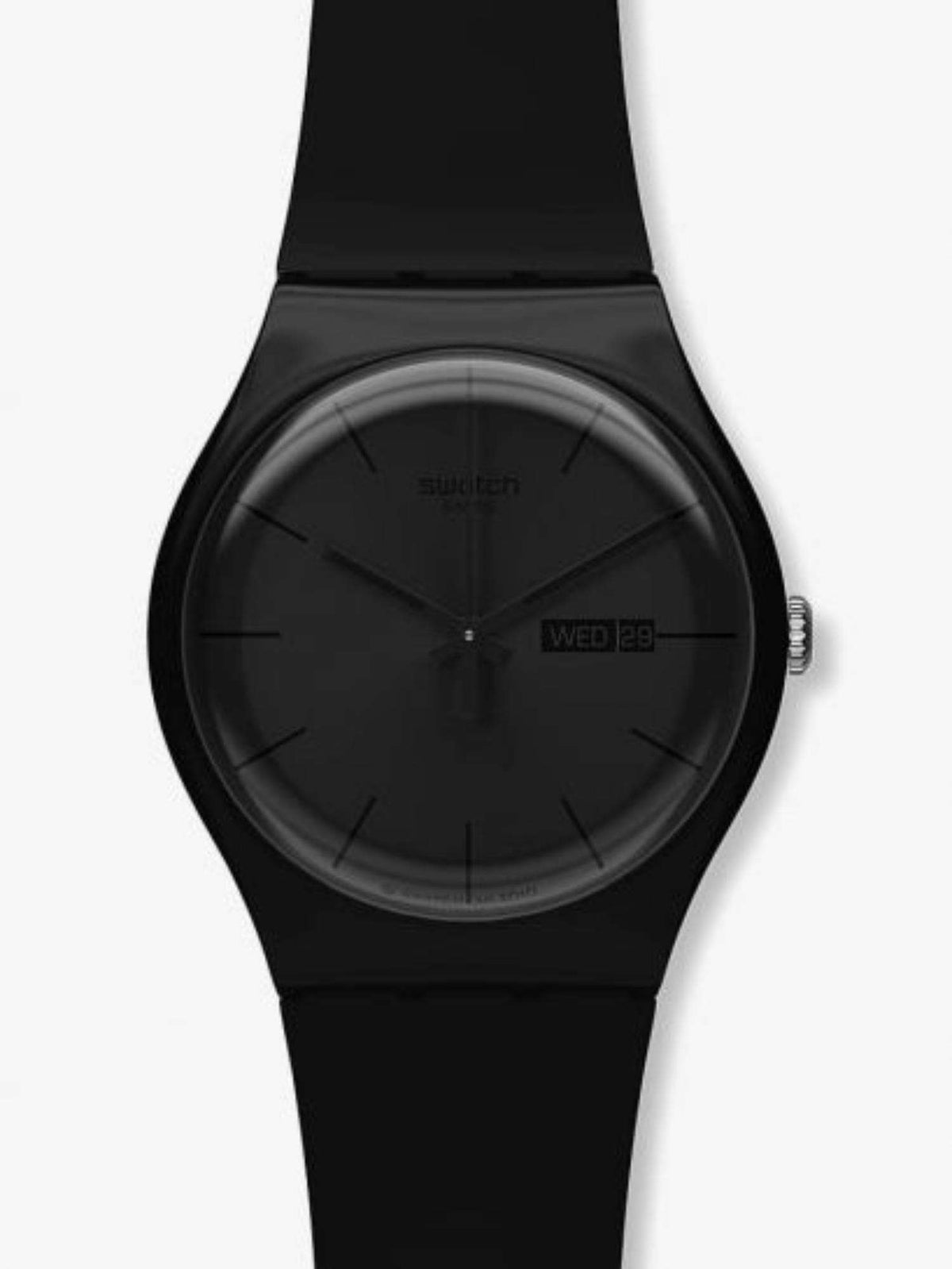 Swatch round black dial watch with black silicone strap, front view