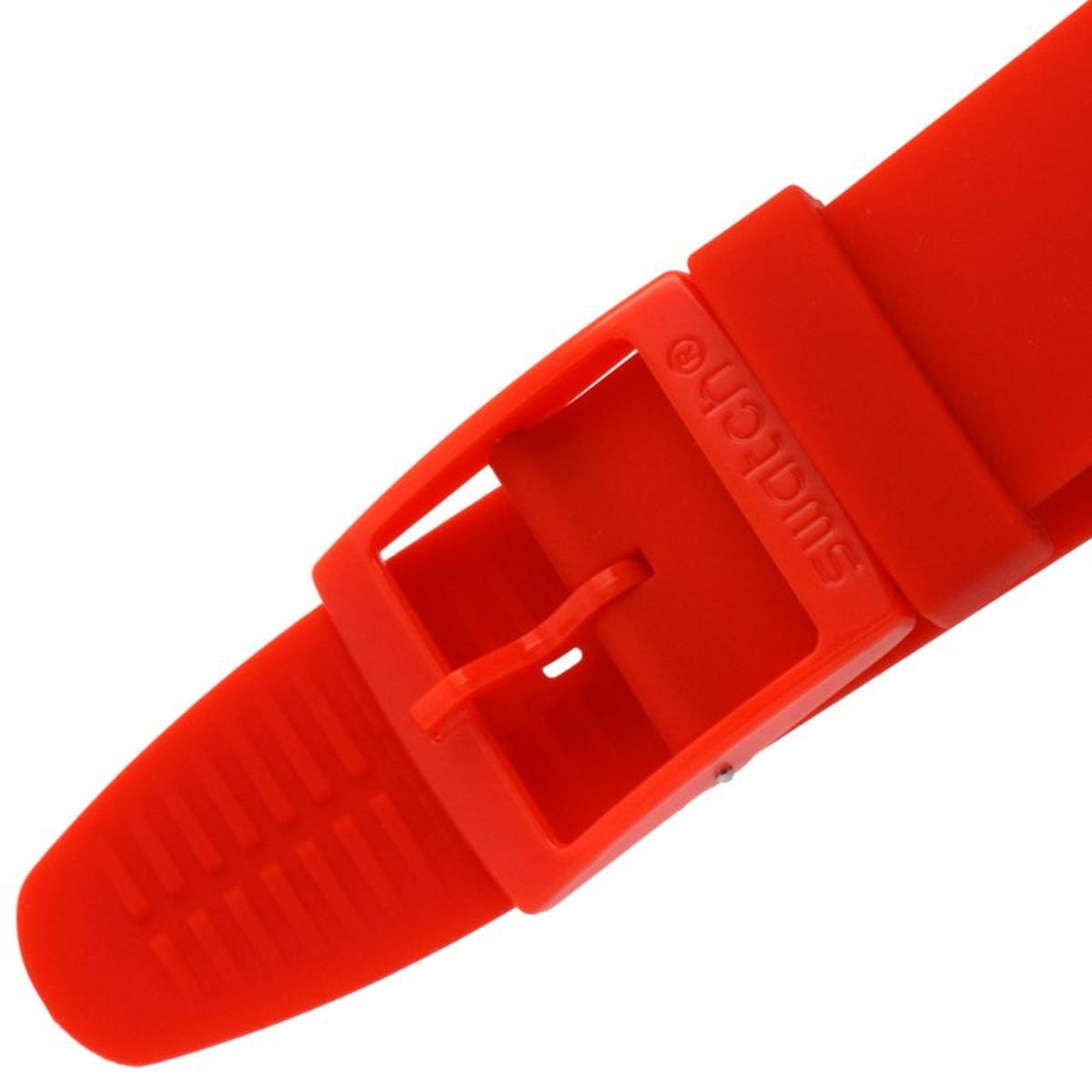 Red Swatch silicone strap end with embossed buckle and ridged texture.
