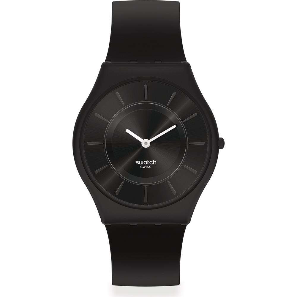 Men's black Swatch quartz watch with black bezel and minimal dial markers