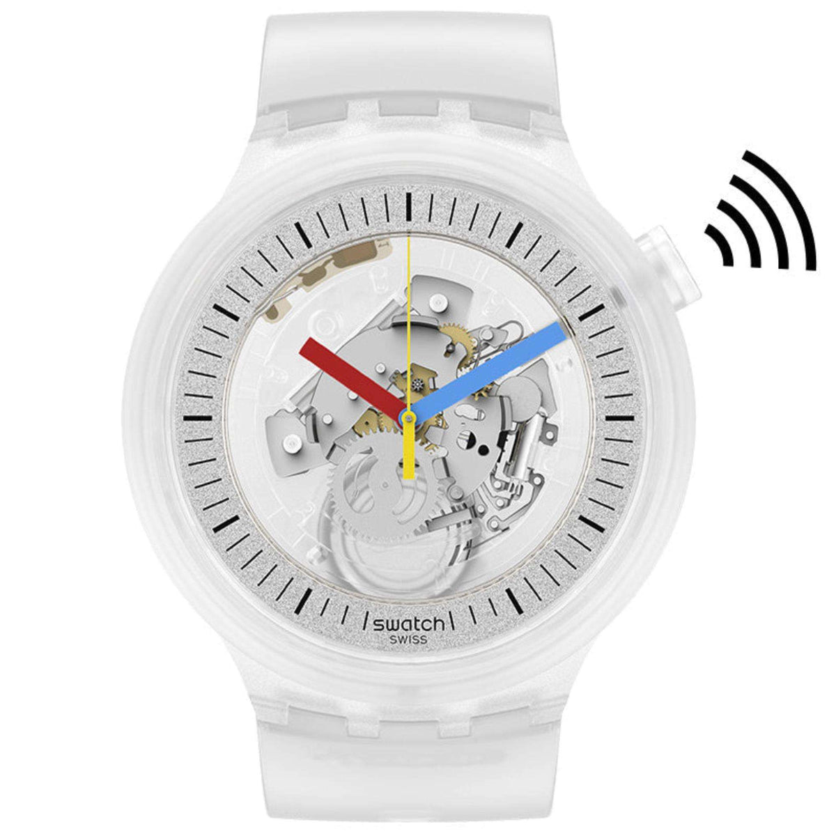 Swatch CLEARLY PAY! transparent watch on clear white strap with rectangular top clasp