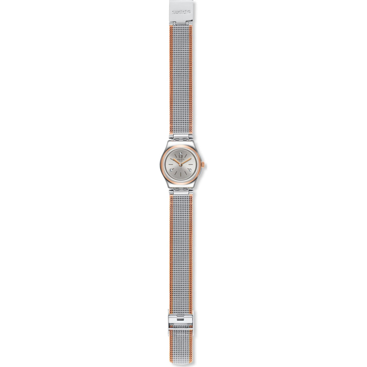 Ladies silver-tone watch with round dial and long orange mesh metal strap