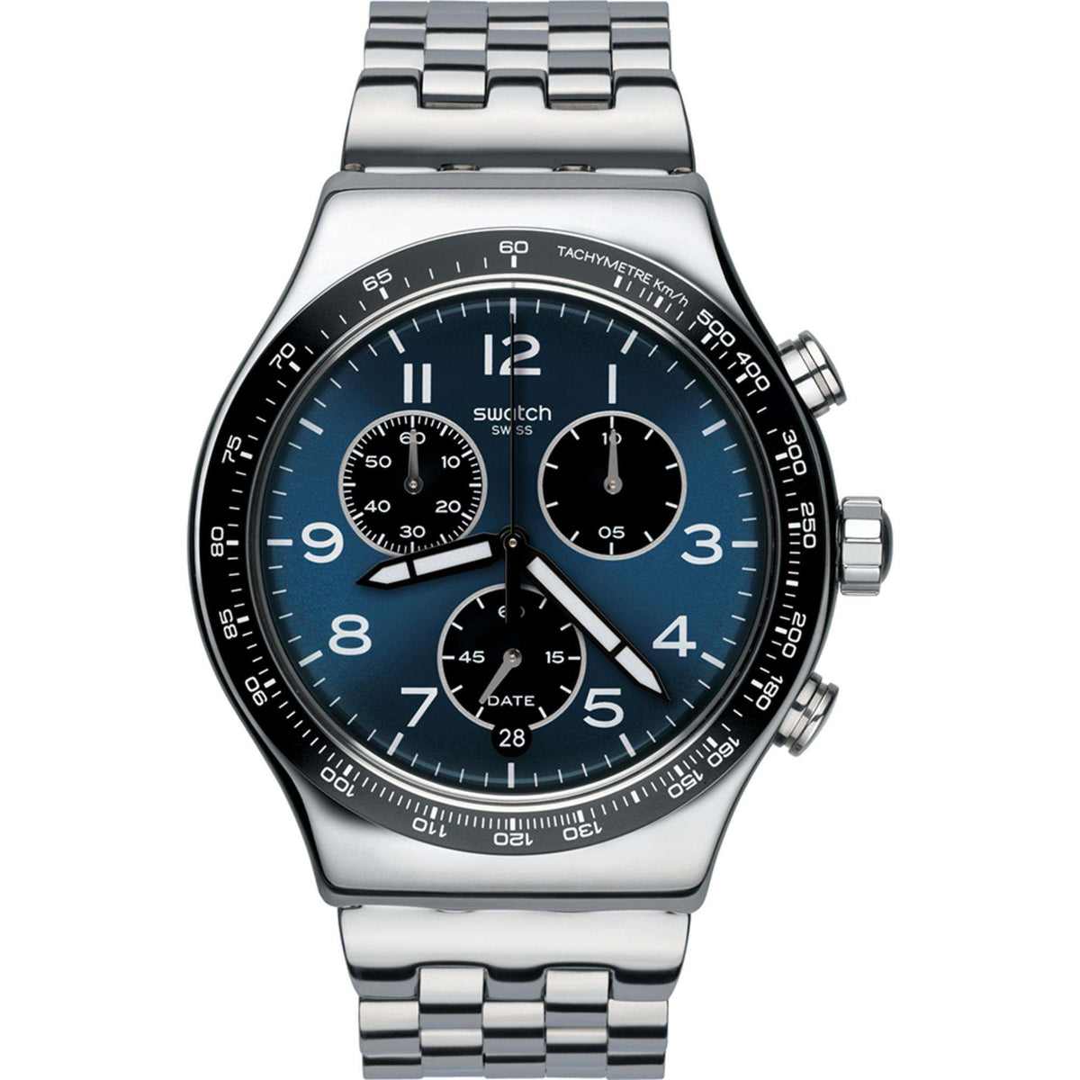 Men's chronograph watch featuring blue dial, tachymeter bezel, three subdials and date.