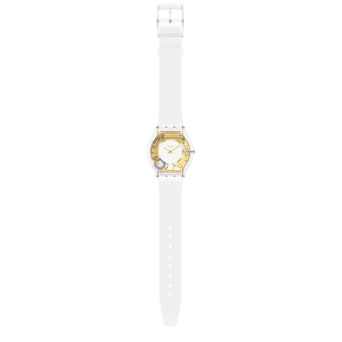Swatch quartz watch profile view with white strap and gold-toned center through clear case
