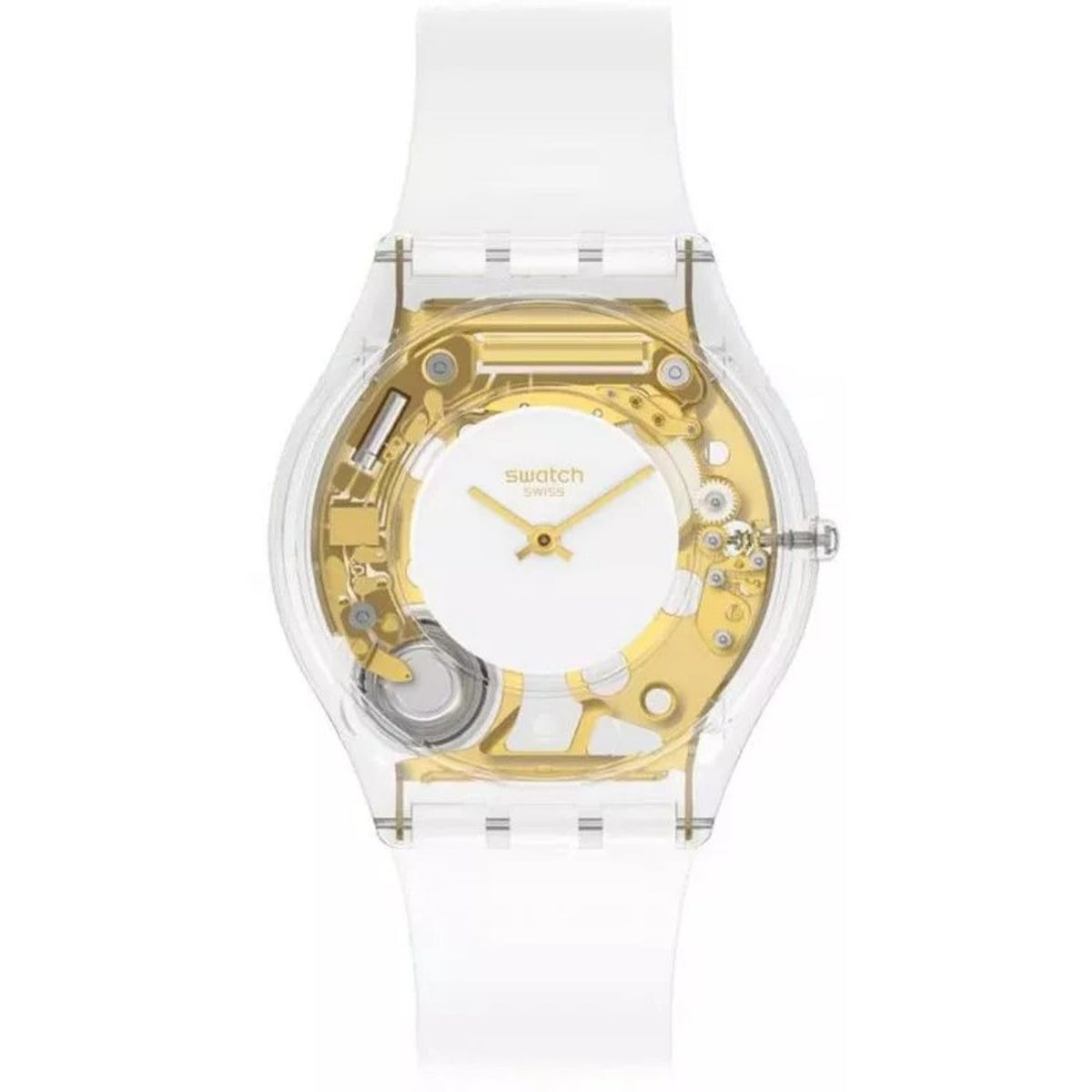 Swatch quartz watch front view showing gold inner mechanism through transparent case