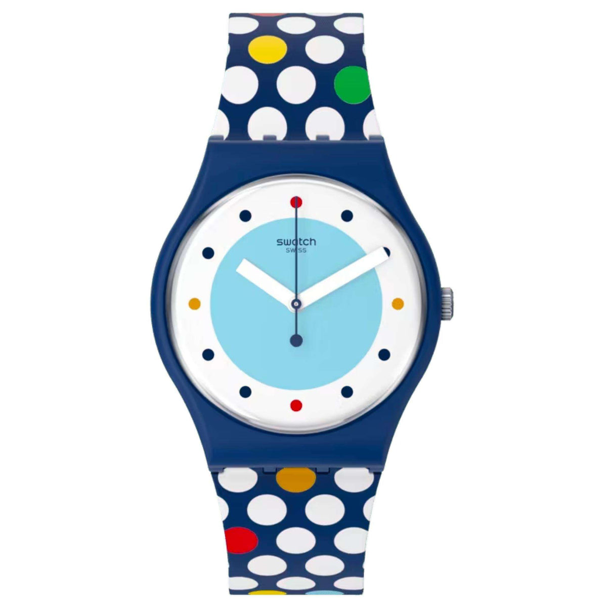 Unisex quartz watch front view, blue polka dot silicone strap, light blue dial